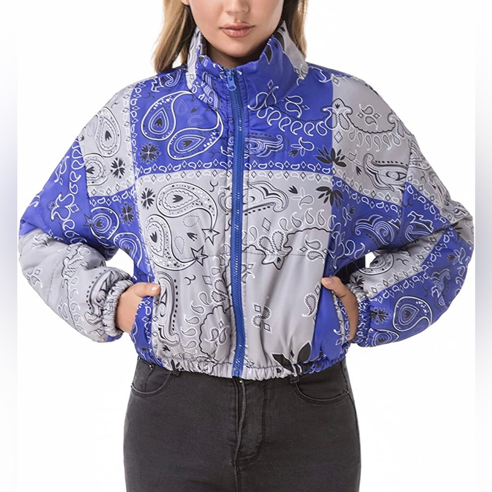New - Blue Women's Quilted Lightweight Cropped Bandana Windbreaker Jacket - Picture 7 of 13